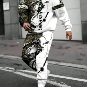 A men's casual fishing print hooded sweatshirt & sweatpants